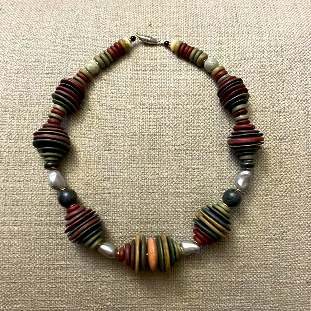 Wood and Pearl Necklace